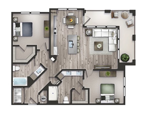Floor plan for 2 beds, 2 baths, 1161 sqft